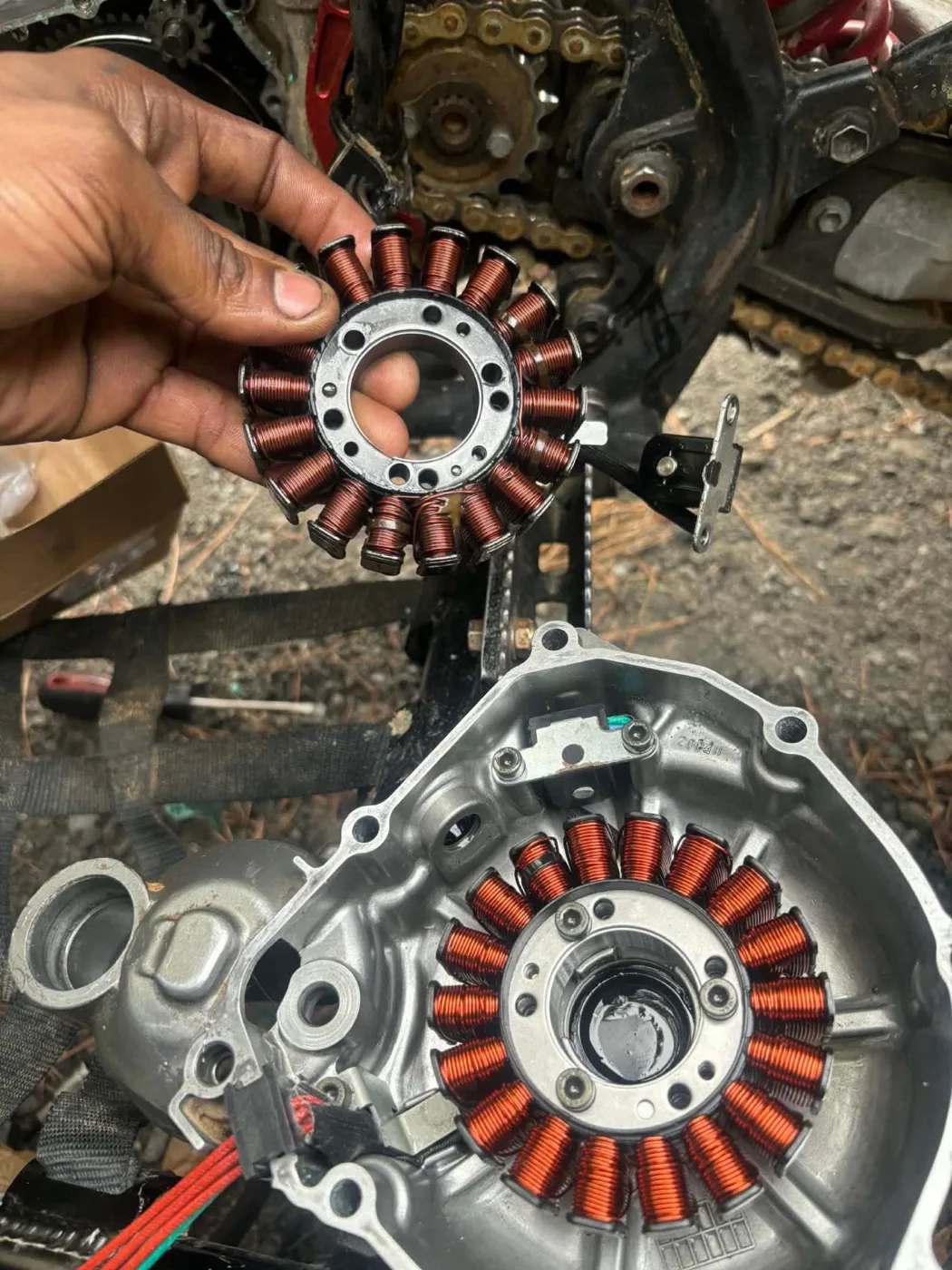 New stator installed in a motorcycle engine cover